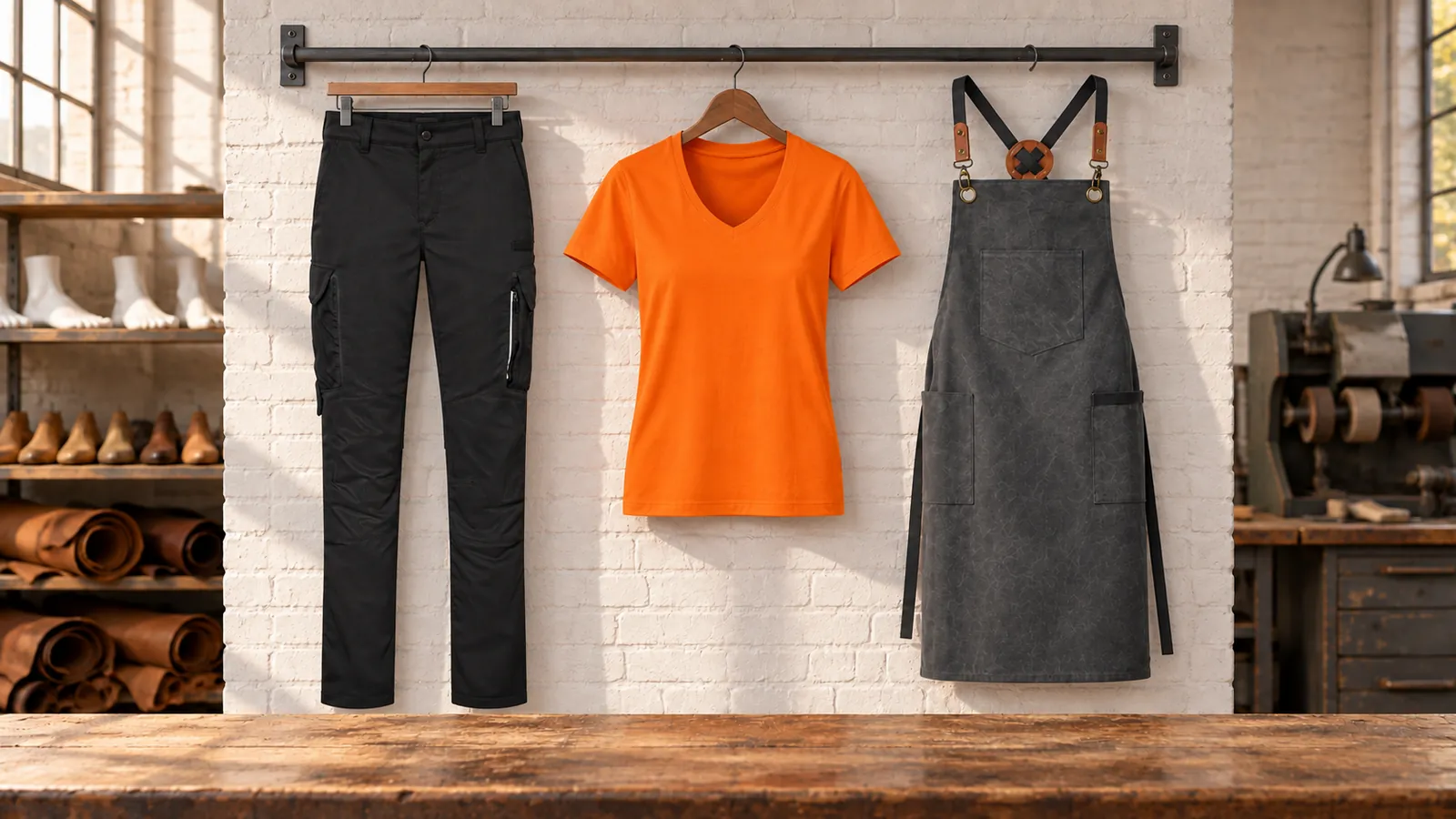 Damenausstattung: Damen Worker-Performancehose ECO, Damen V-Shirt MIKRALINAR®, Latzschürze Canvas.