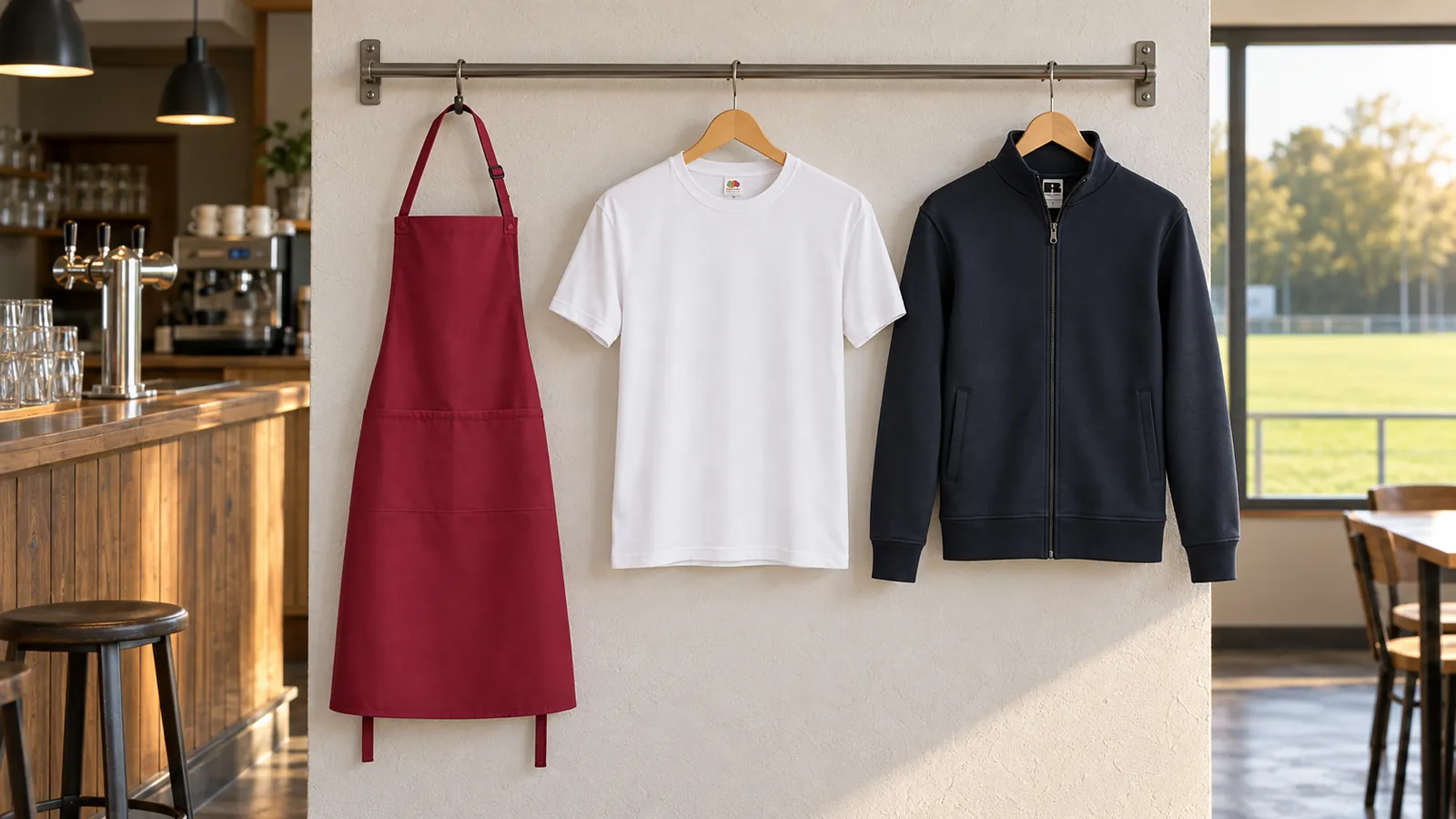 Herrenausstattung: Latzschürze Basic mit Tasche und Schnalle, Valueweight T, Men's Authentic Sweat Jacket.