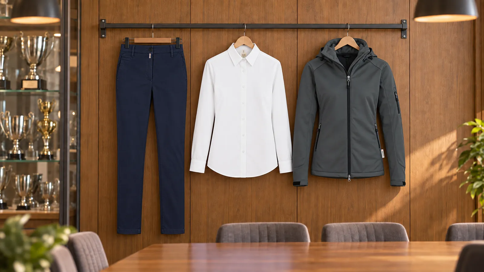 Damenausstattung: Damen Chinohose X-Stretch, Oxford Bluse, Damen Softshelljacke.
