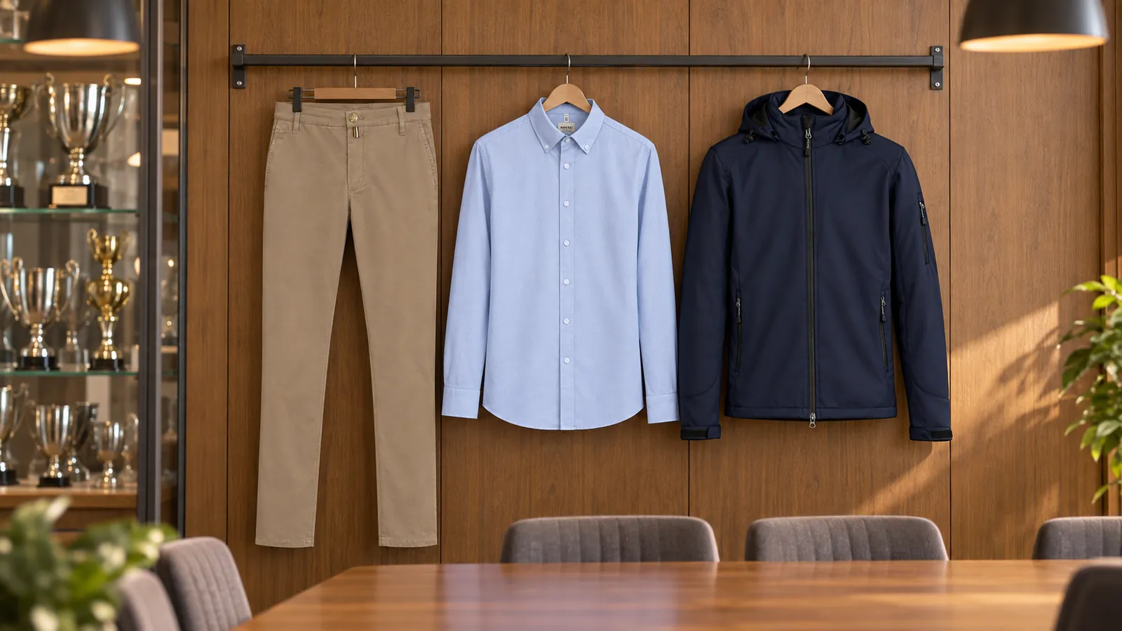 Herrenausstattung: Chinohose X-Stretch, Oxford Hemd, Softshelljacke.