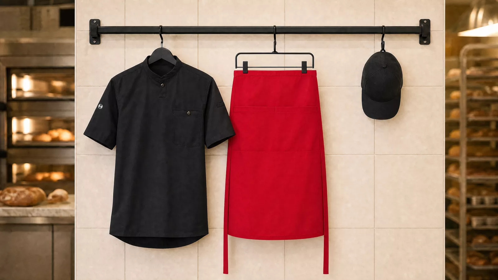 Damenausstattung: Damen-Arbeitsshirt Performance, Bistroschürze Basic mit Tasche, Performance Cap.