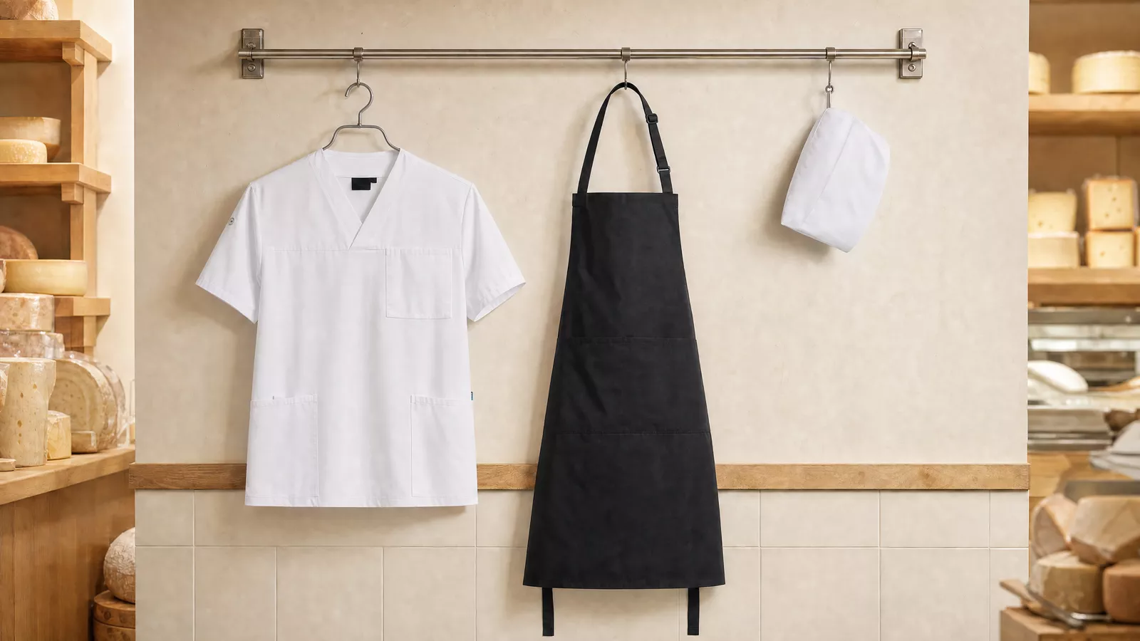 Damenausstattung: Damen-Schlupfkasack Essential, Latzschürze Basic mit Tasche und Schnalle, Schiffchen.