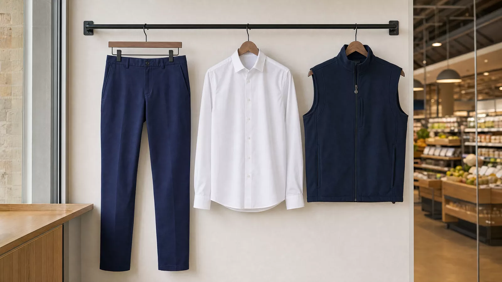 Herrenausstattung: Chinohose Modern-Stretch, Hemd Active-Stretch Modern-Fit, Softshellweste Classic.