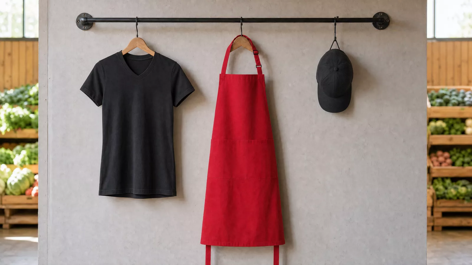 Damenausstattung: Damen Workwear T-Shirt Casual-Flair, Latzschürze Basic mit Tasche und Schnalle, Basecap Action.