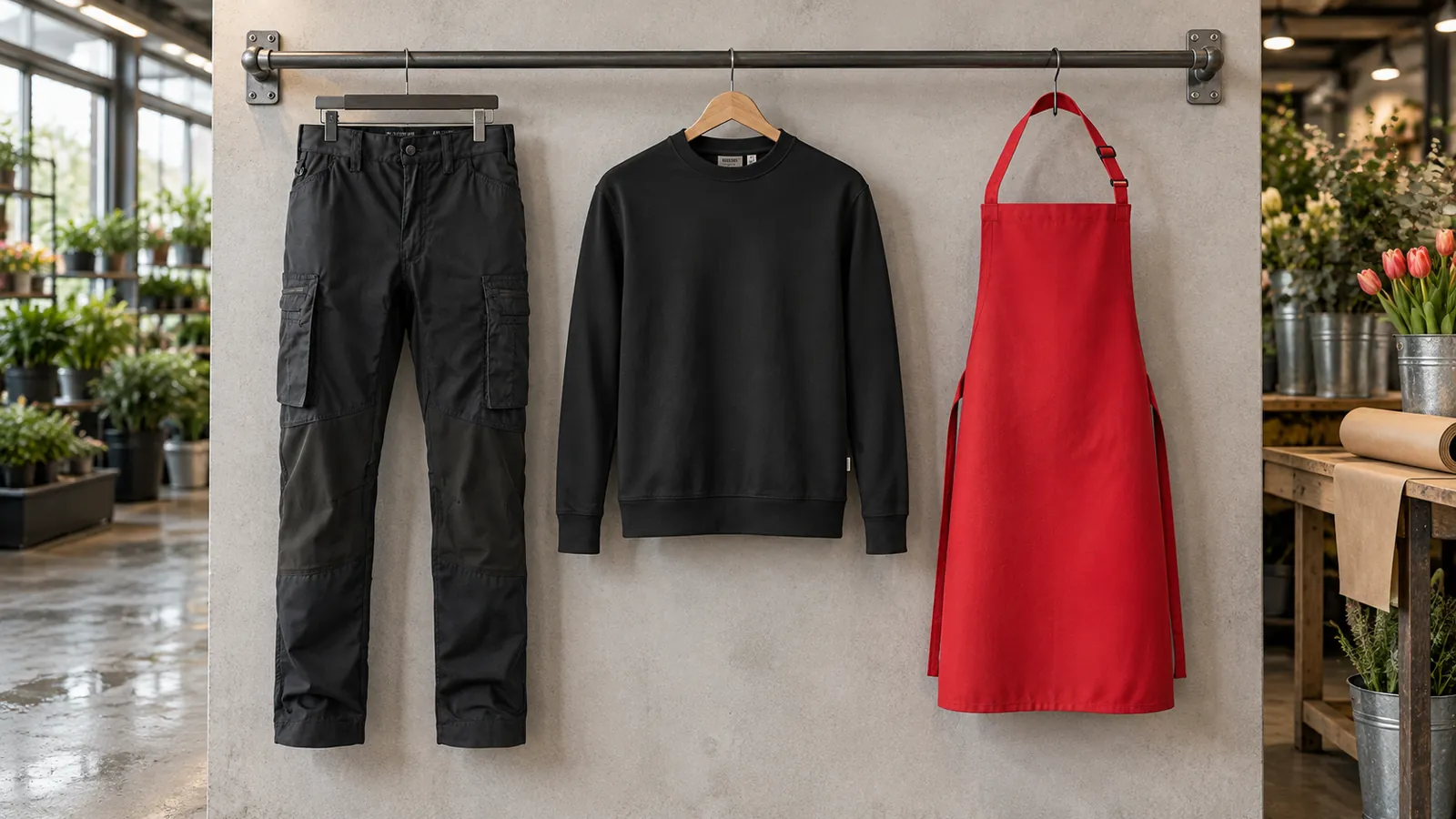 Herrenausstattung: Service Arbeitshose Stretch 1459, Sweatshirt MIKRALINAR® ECO, Wasserabweisende Latzschürze Basic mit Schnalle.