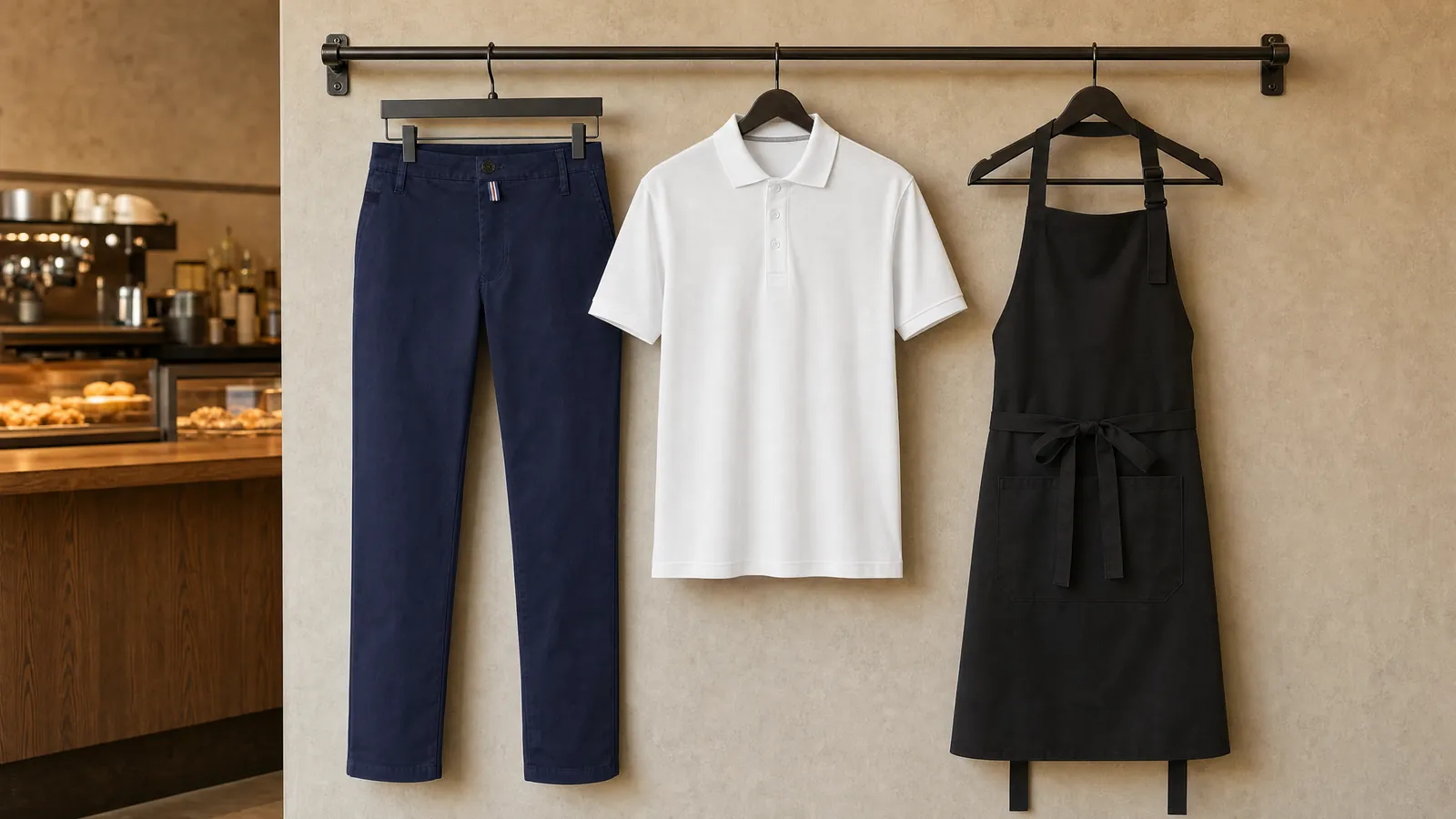 Herrenausstattung: Chinohose X-Stretch, Kurzarm-Polohemd, SommelierSchürze.