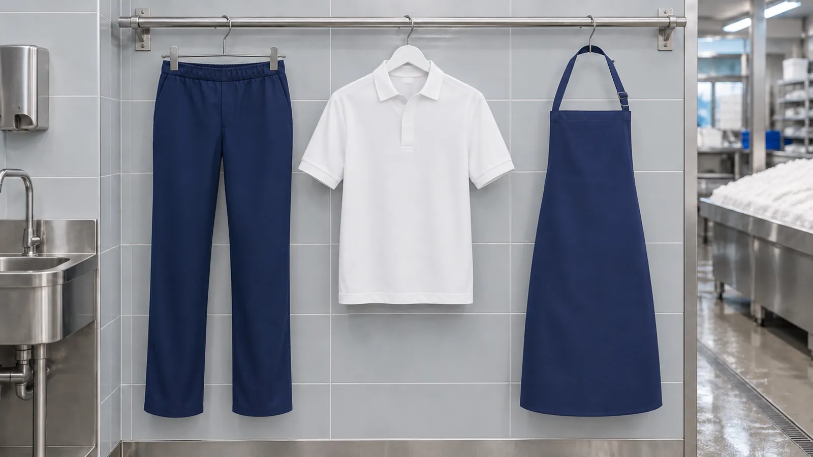 Damenausstattung: Schlupfhose Kaspar, Poloshirt MIKRALINAR® HACCP, Wasserabweisende Latzschürze Basic mit Schnalle.