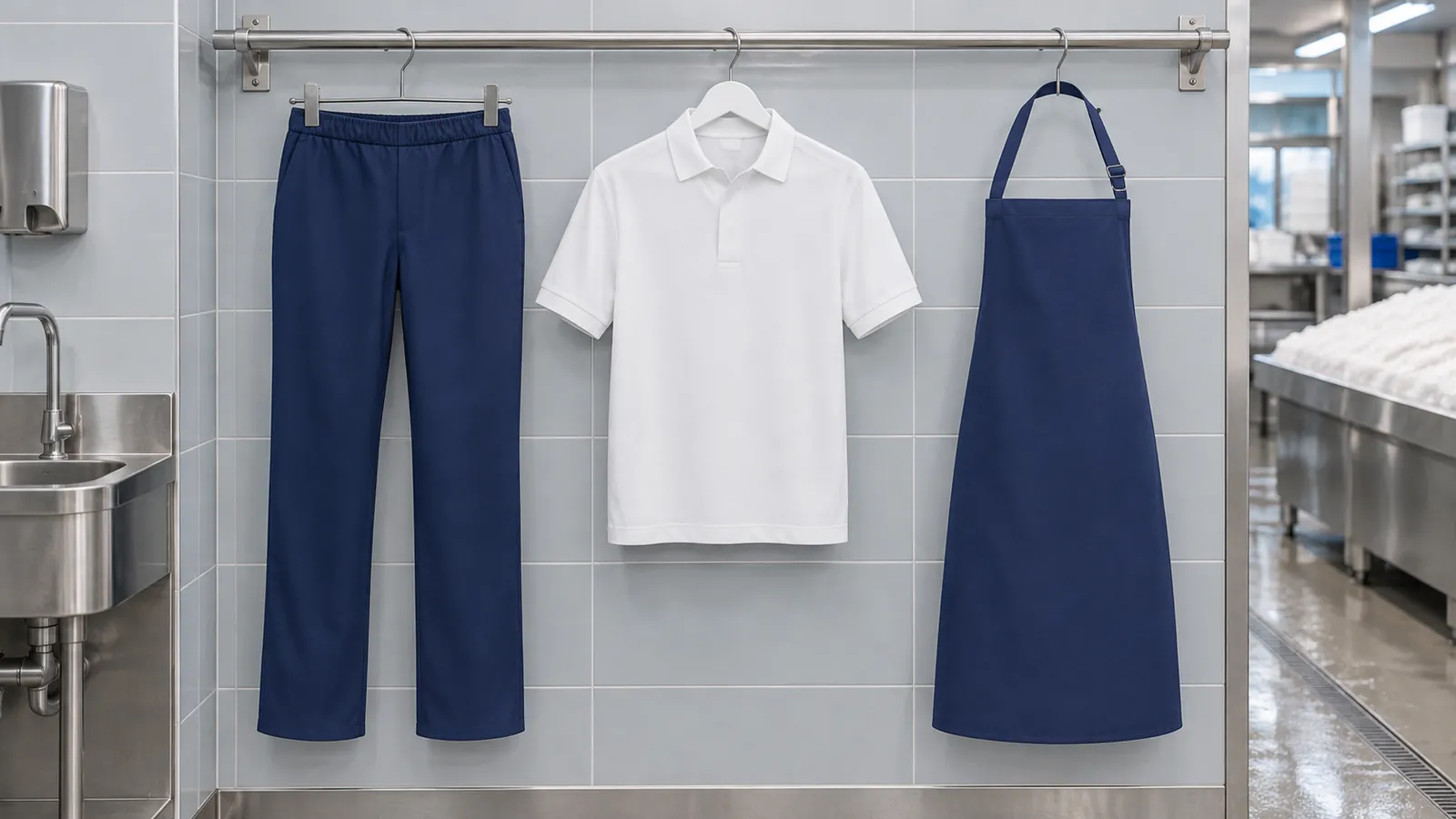 Herrenausstattung: Schlupfhose Kaspar, Poloshirt MIKRALINAR® HACCP, Wasserabweisende Latzschürze Basic mit Schnalle.