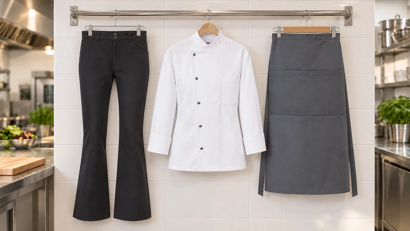 Damenausstattung: Damen Kochhose Tina, Kochjacke Larissa, Bistroschürze Basic mit Tasche.