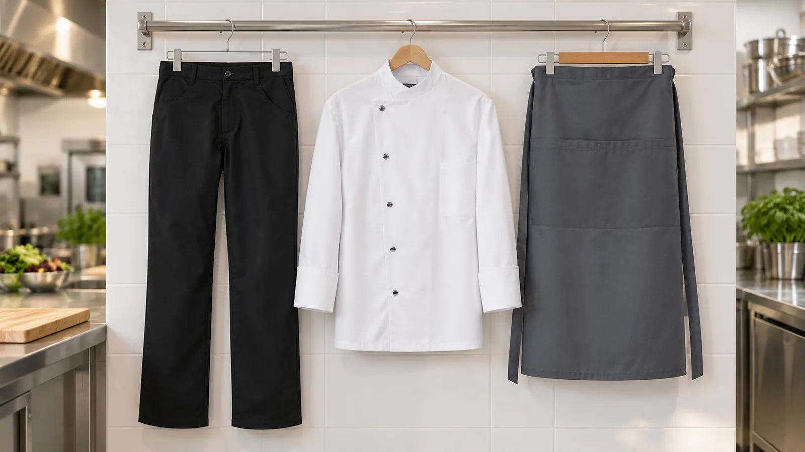 Herrenausstattung: Herren Kochhose Manolo, Kochjacke Lars, Bistroschürze Basic mit Tasche.