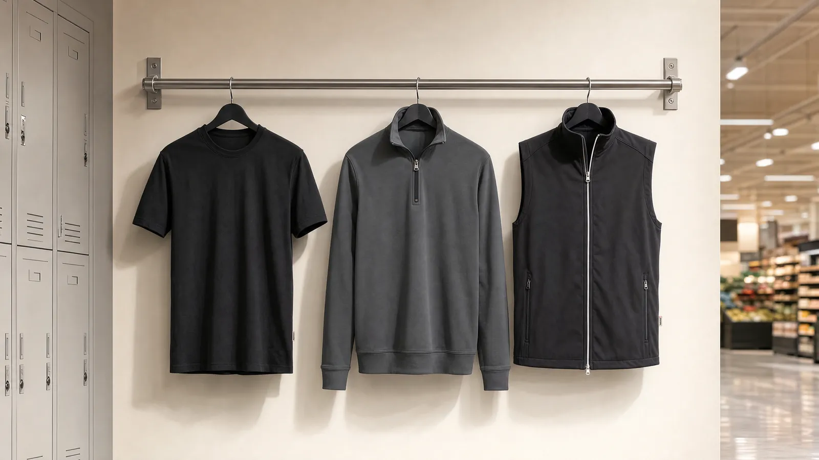 Herrenausstattung: T-Shirt Classic, Zip-Sweatshirt Premium, Light-Softshellweste.