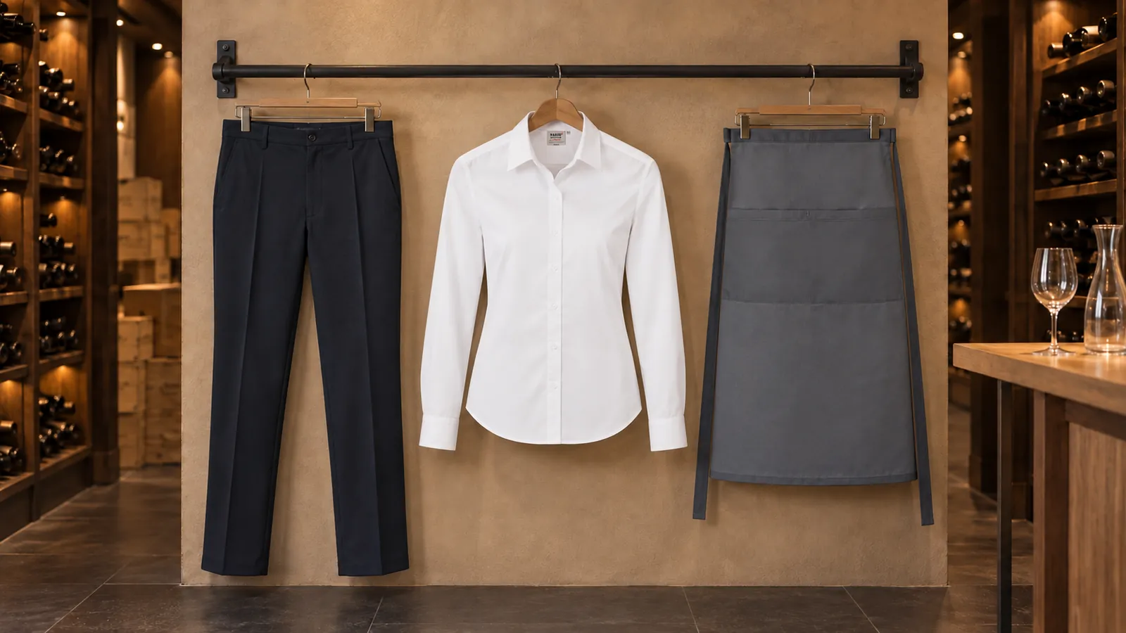 Damenausstattung: Damen-Servicehose Basic, Bluse MIKRALINAR®, Bistroschürze Basic mit Tasche.