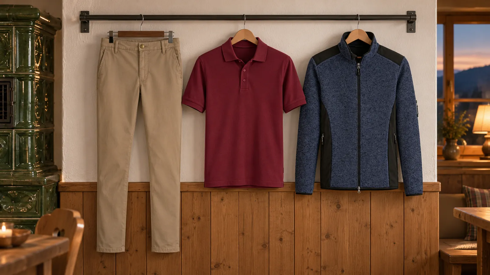 Herrenausstattung: Chinohose X-Stretch, Poloshirt Classic, Strickfleecejacke.