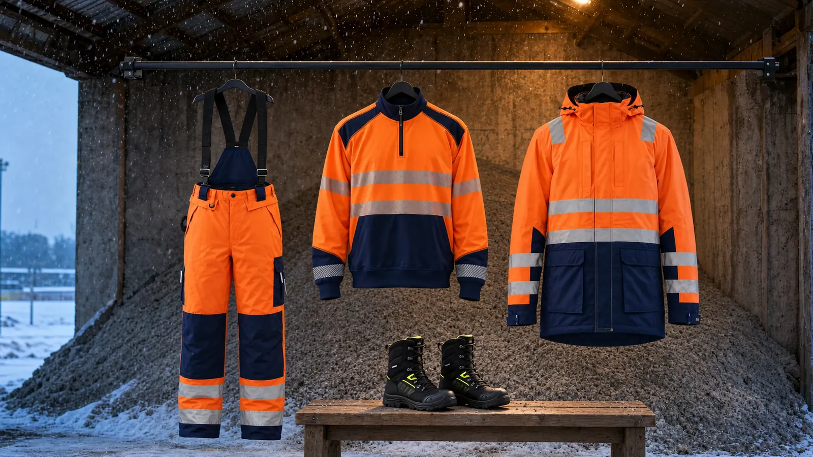 Herrenausstattung: High Vis Winter Latzhose 1885, High Vis Sweatshirt Half-Zip 3556, High Vis Winterparka 4495, STORM Winterstiefel S7S Wasserdicht 2490.