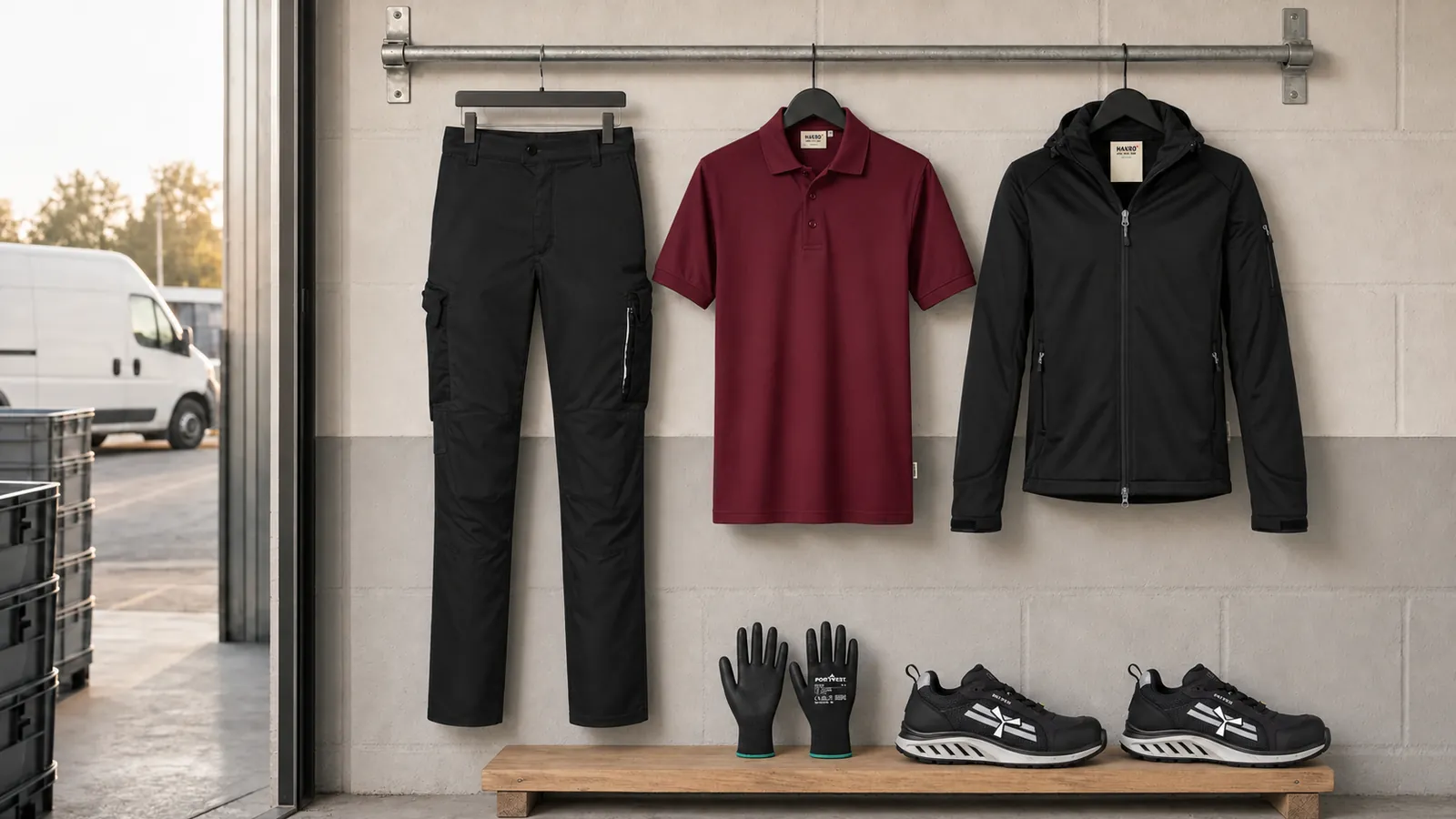 Herrenausstattung: Worker-Performancehose ECO, Poloshirt MIKRALINAR®, Softshelljacke, PU-Beschichteter-Handschuh, X-Mercury.