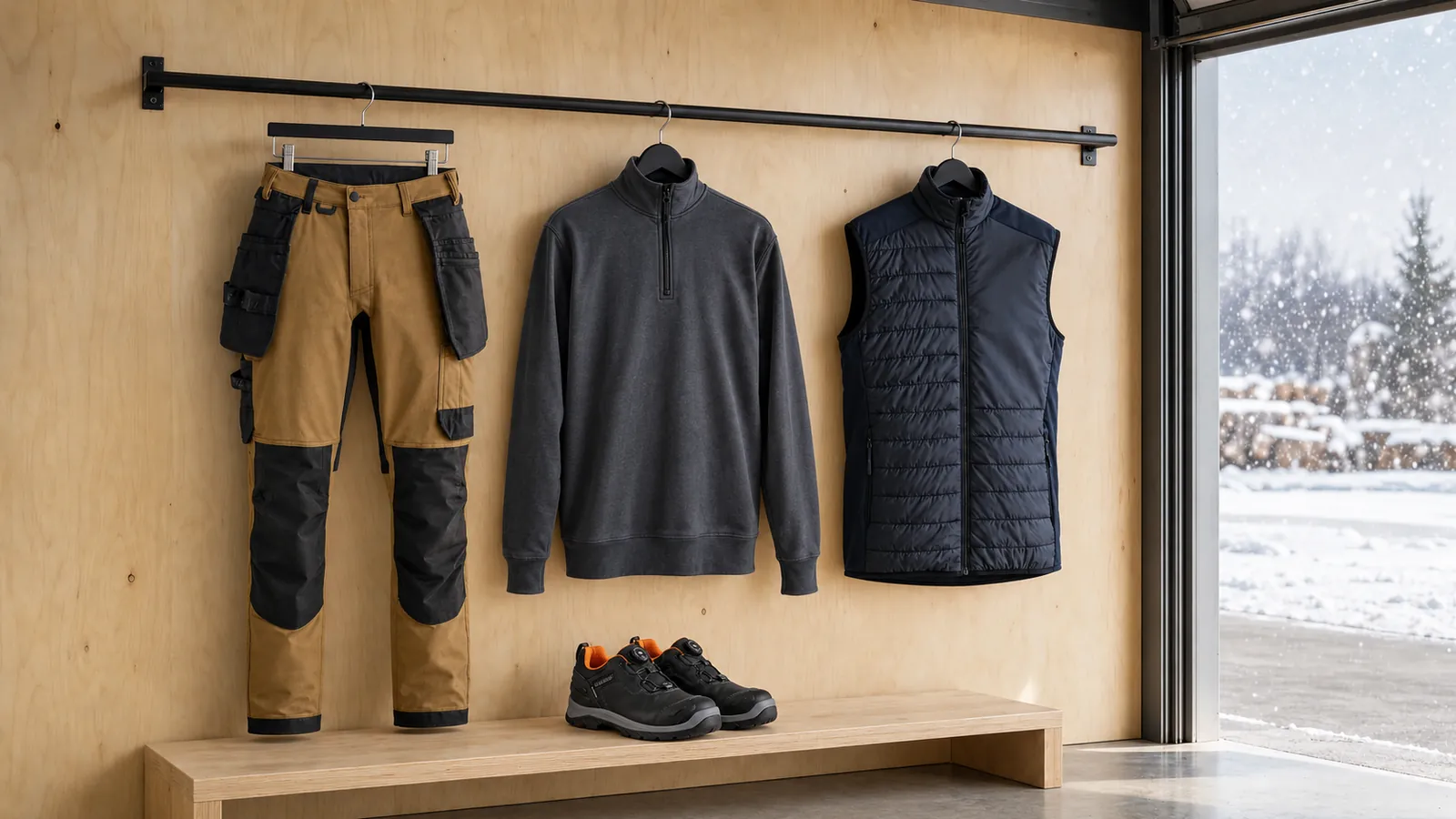 Herrenausstattung: Handwerker Arbeitshose 4-Wege-Stretch 1720, Sweatshirt Half-Zip 3369, Weste warm gefüttert 3863, ELITE Sicherheitsschuh S7S Wasserdicht 2454.