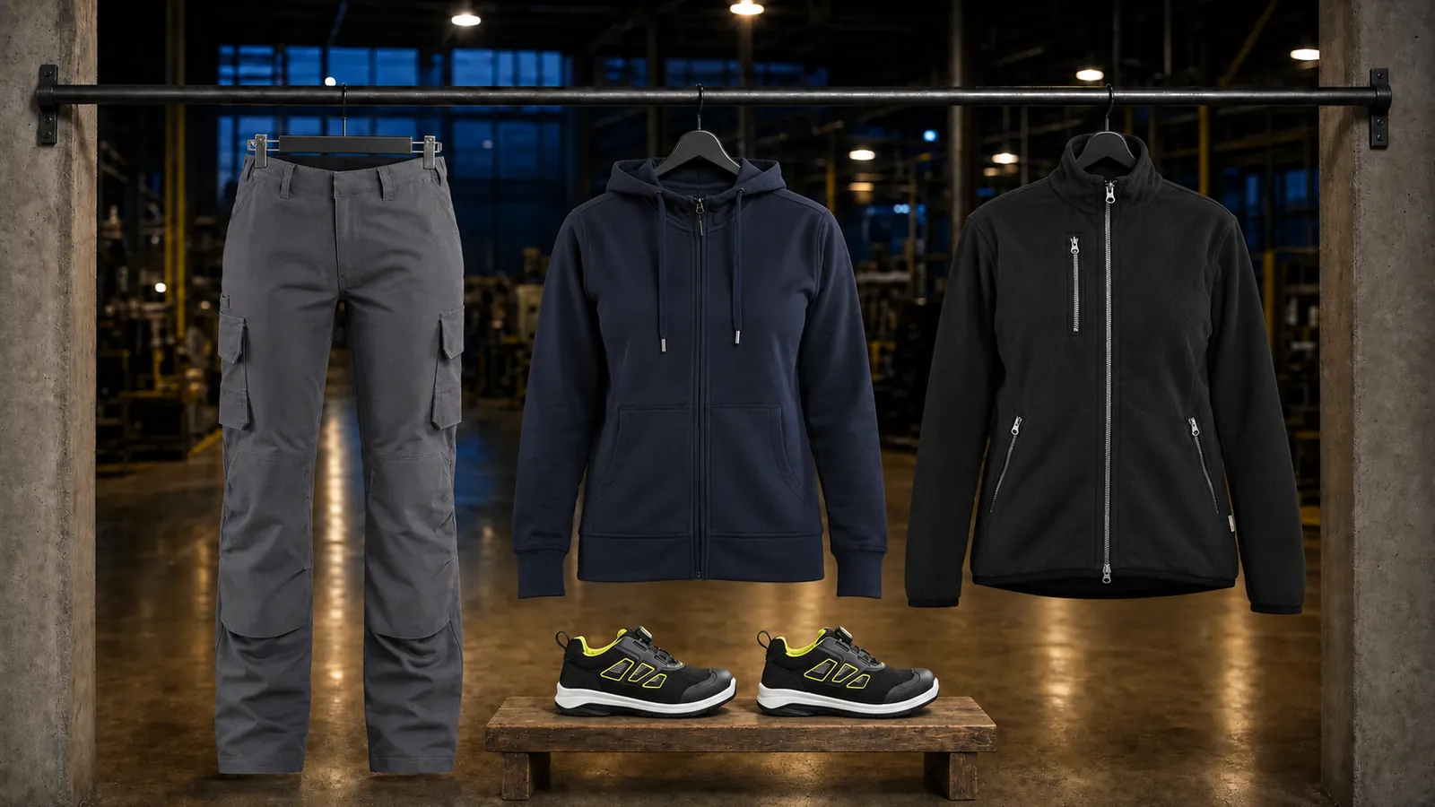 Damenausstattung: Damen Industrie Arbeitshose Stretch 7106, Damen Kapuzenjacke 3395, Damen Fleecejacke 4744, Cradle Sicherheitsschuh S1PL 2440.