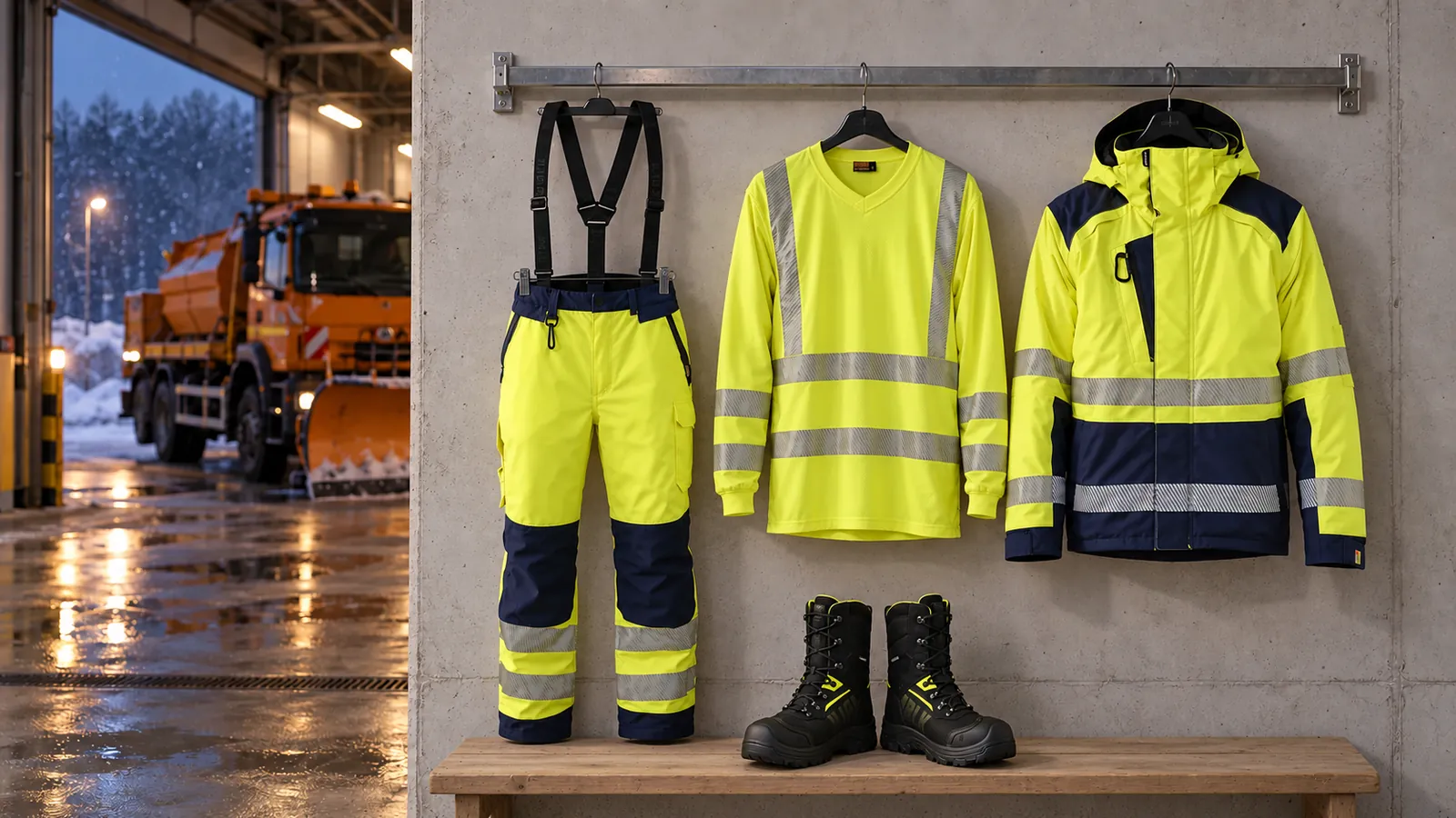 Herrenausstattung: High Vis Winterhose 1875, High Vis UV Langarmshirt 3385, High Vis Winterjacke 4455, STORM Winterstiefel S7S Wasserdicht 2490.
