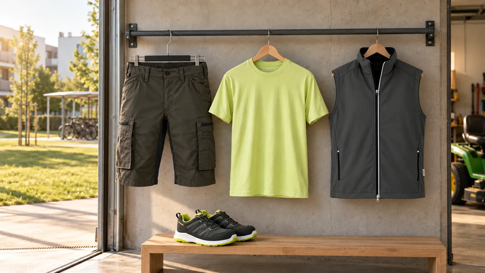 Herrenausstattung: Service Shorts Stretch 1449, T-Shirt 3525, Light-Softshellweste, SPRINTER Sicherheitsschuh S1PS 2402.