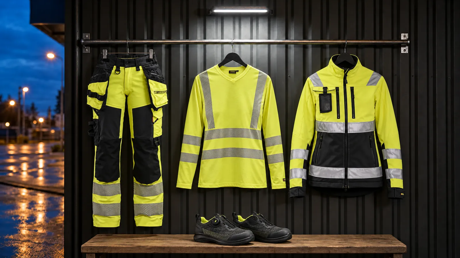 Damenausstattung: Damen High Vis Arbeitshose 4-Wege-Stretch 7022, Damen High Vis UV Langarmshirt 3485, Damen High Vis Softshell Jacke 4902, CRADLE Sicherheitsschuh S3L 2438.