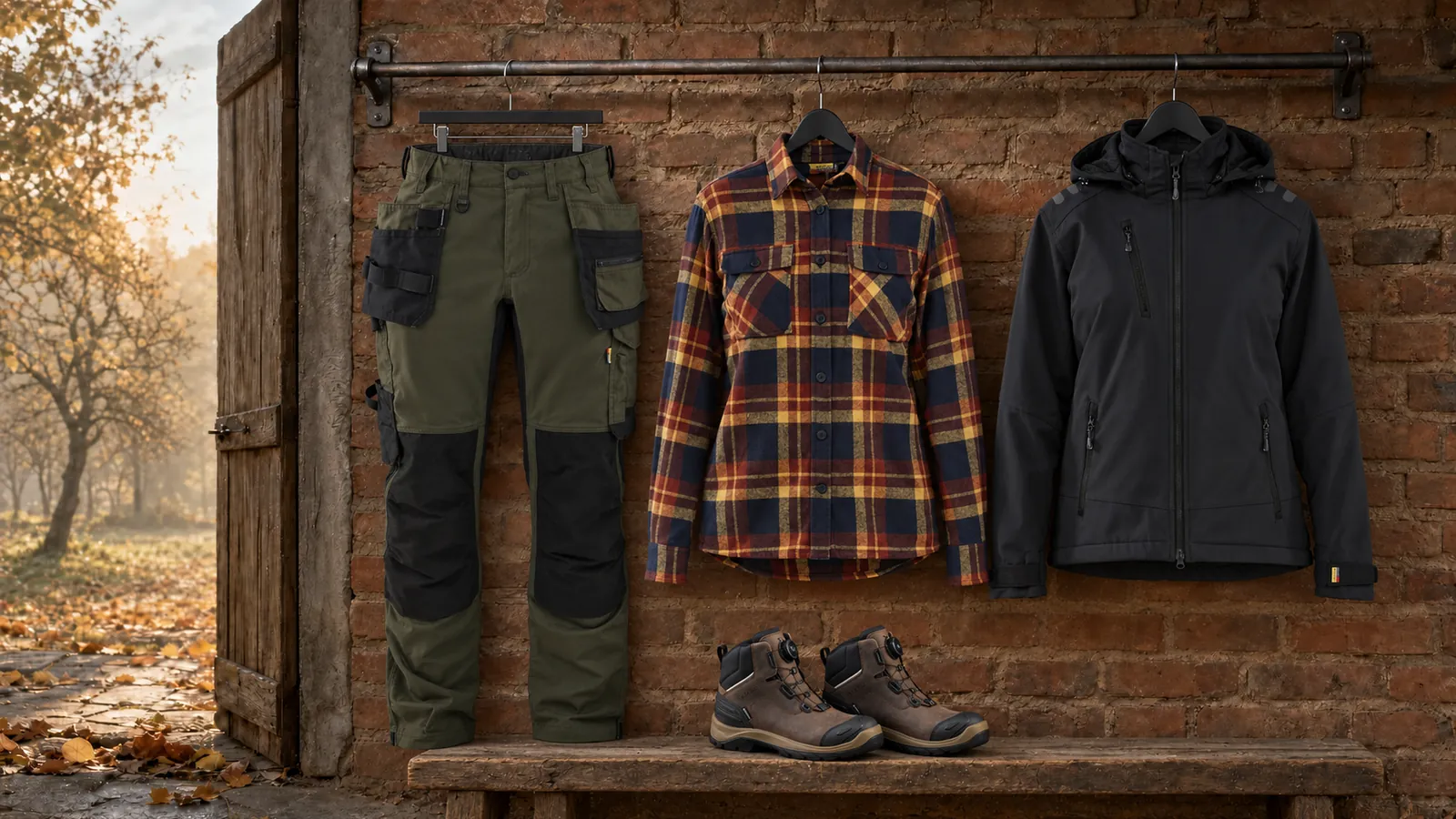 Damenausstattung: Damen Handwerker Arbeitshose mit Stretch 7132, Damen Flanellhemd 3218, Damen Softshell Winterjacke 4751, ELITE Sicherheitsstiefel S7S Wasserdicht 2455.