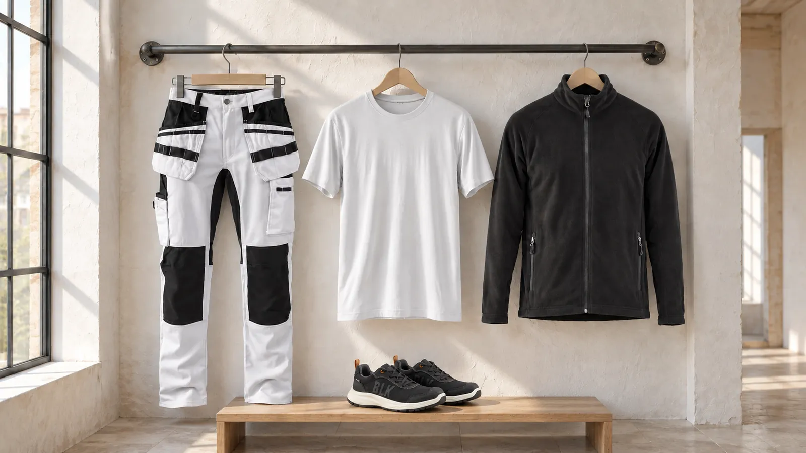 Herrenausstattung: Malerhose mit Stretch 1910, T-Shirt 3525, Microfleece Jacke 4721, MOVER Sicherheitsschuh S1PL 2302.