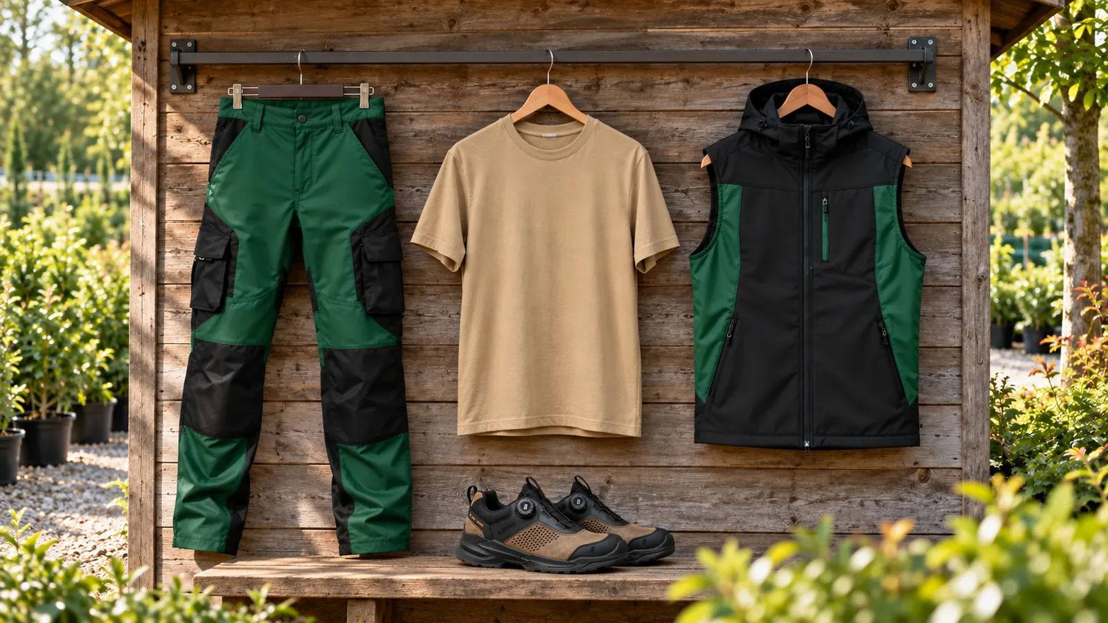 Herrenausstattung: Florian — Arbeitshose, Konstantin — T-Shirt, Justus — Weste, EPIC Sicherheitsschuh S3S 2295.