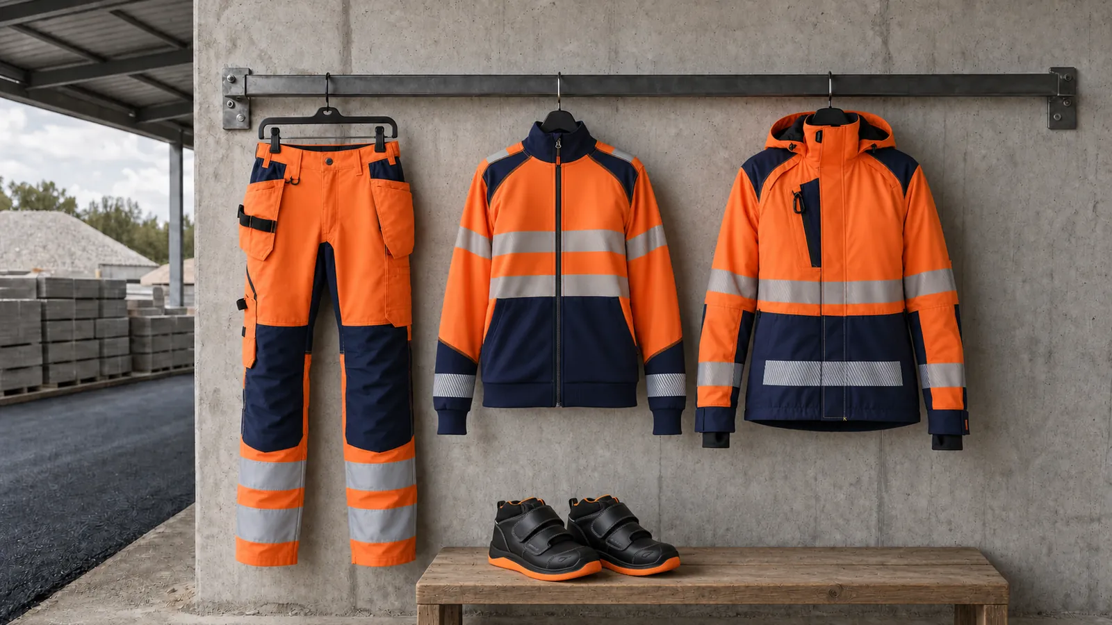 Damenausstattung: Damen High Vis Arbeitshose mit Stretch 7163, Damen High Vis Sweatjacke 3508, Damen High Vis Shell Jacke 4436, ELITE Asphalt Sicherheitsstiefel S2PL 2459.