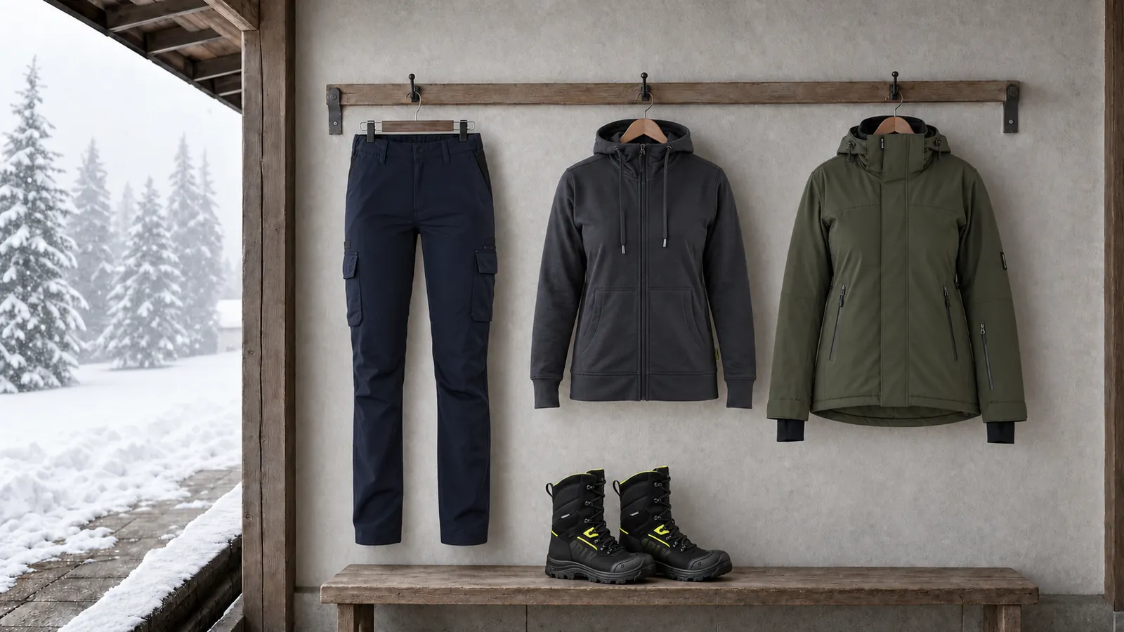 Damenausstattung: Damen Industrie Arbeitshose Stretch 7144, Damen Kapuzenjacke 3395, STRIKER Damen Winterjacke Stretch 4707, STORM Winterstiefel S7S Wasserdicht 2490.