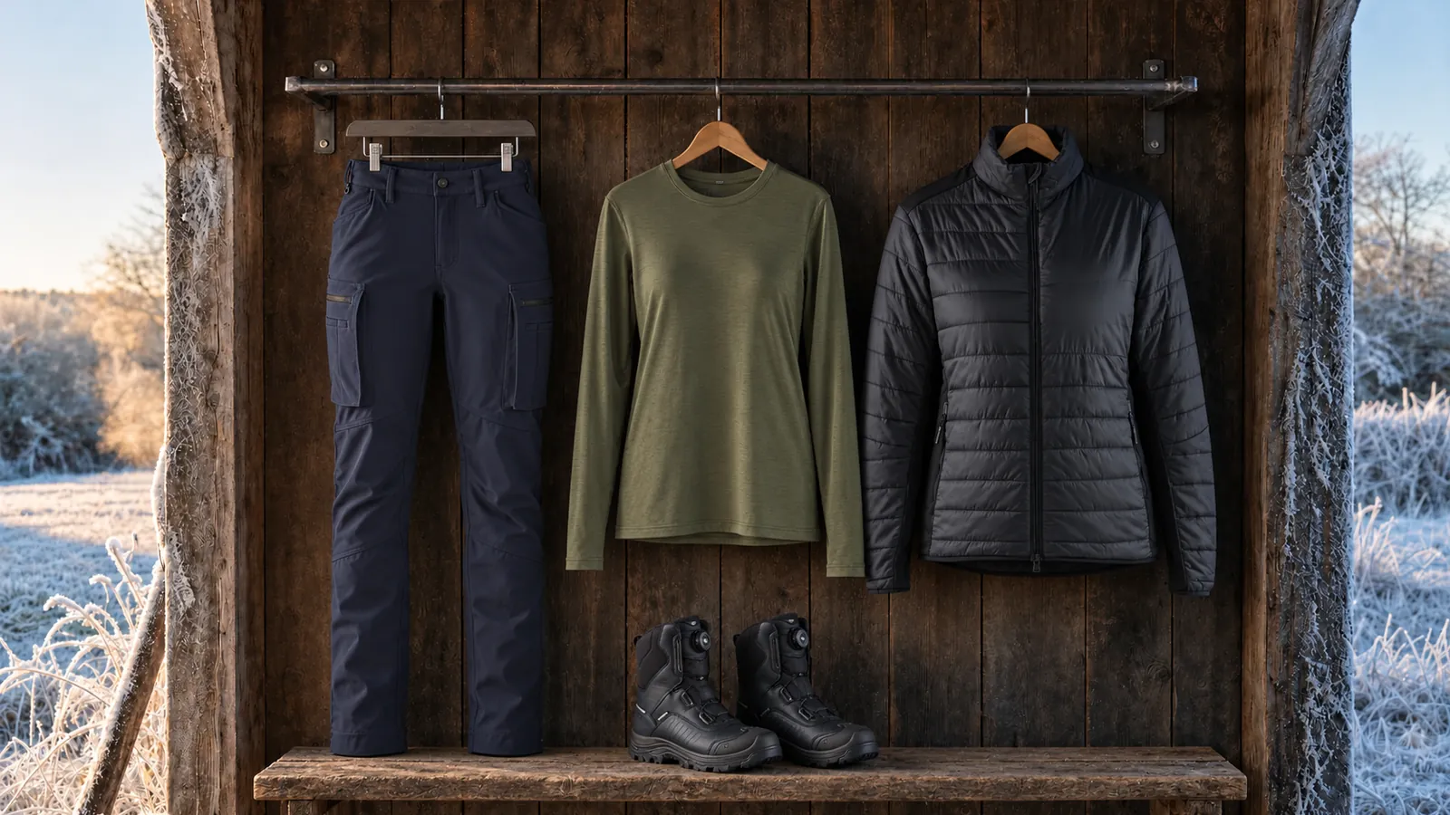 Damenausstattung: Damen Service Softshell Winterhose 7177, Damen Merino Langarmshirt 3539, Damen Jacke warm gefüttert 4715, STORM Winterstiefel S7S Wasserdicht 2493.