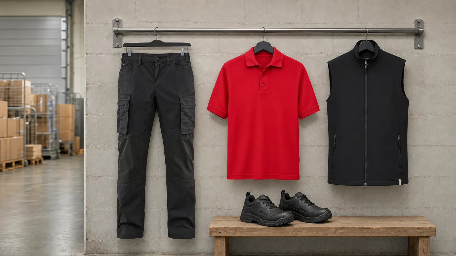 Herrenausstattung: Service Arbeitshose Stretch 1459, Poloshirt MIKRALINAR®, Fleeceweste ECO, TITAN Sicherheitsschuh S3L 2372.