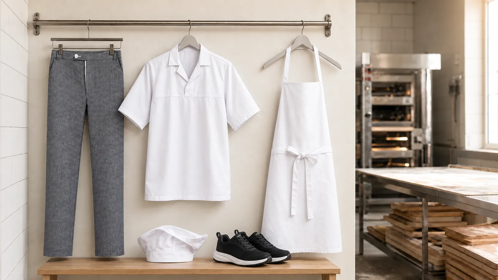 Herrenausstattung: Kochhose Basic, Baker's Hemd ohne Tasche S/S, Schürze aus mischgewebe ohne Tasche, Yeast, PILOT Herren Arbeitsschuh O1 2424.