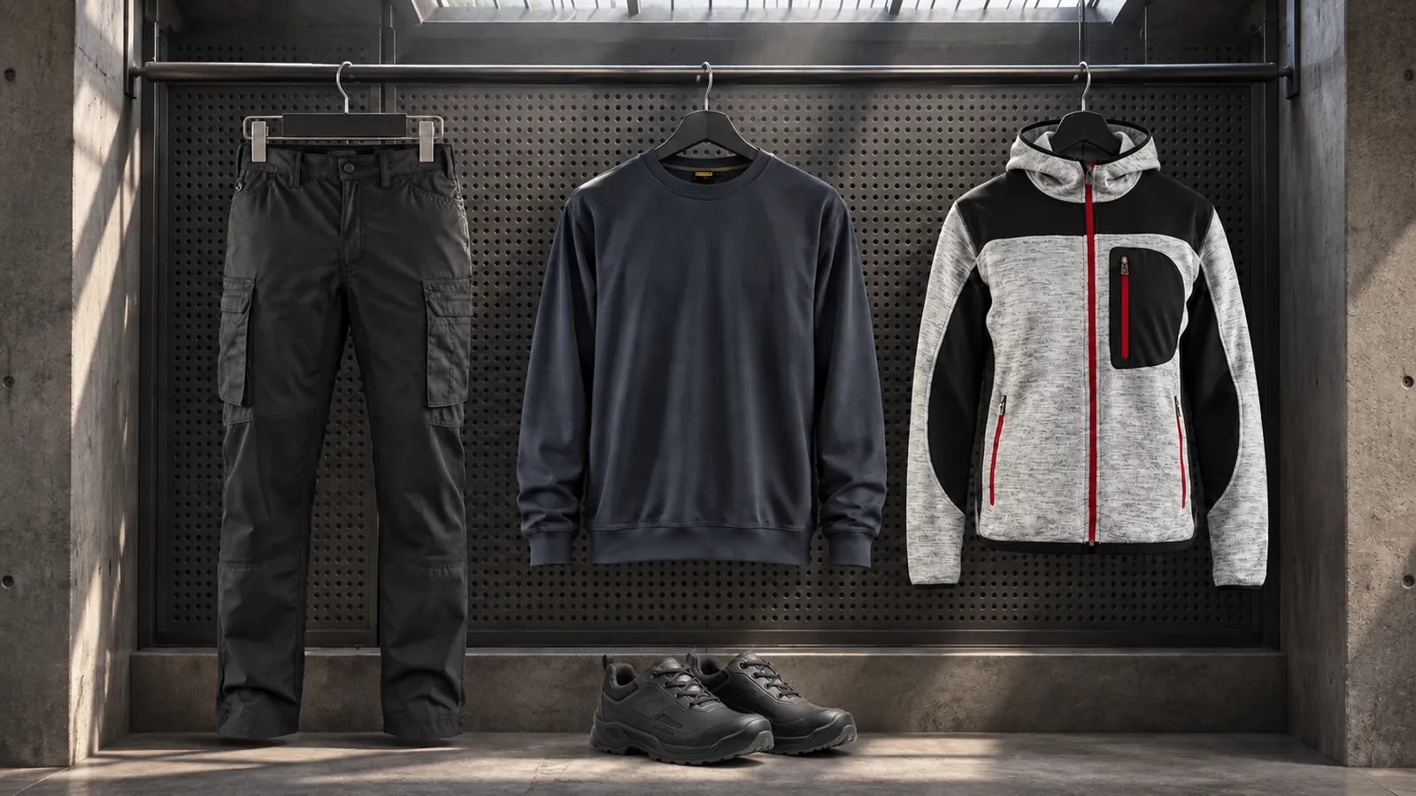 Herrenausstattung: Service Arbeitshose Stretch 1459, Sweatshirt 3340, Strickjacke mit Softshell 4930, TITAN Sicherheitsschuh S3L 2372.