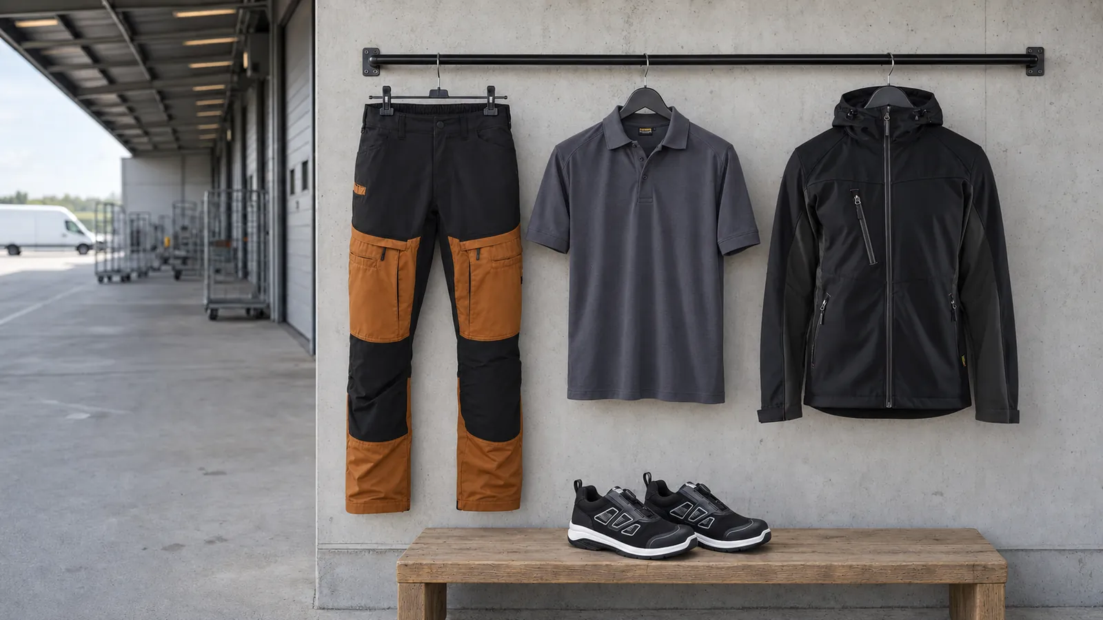 Herrenausstattung: Service Arbeitshose mit Stretch 1456, Poloshirt 3324, Softshell Jacke 4753, Cradle Sicherheitsschuh S1PL 2440.