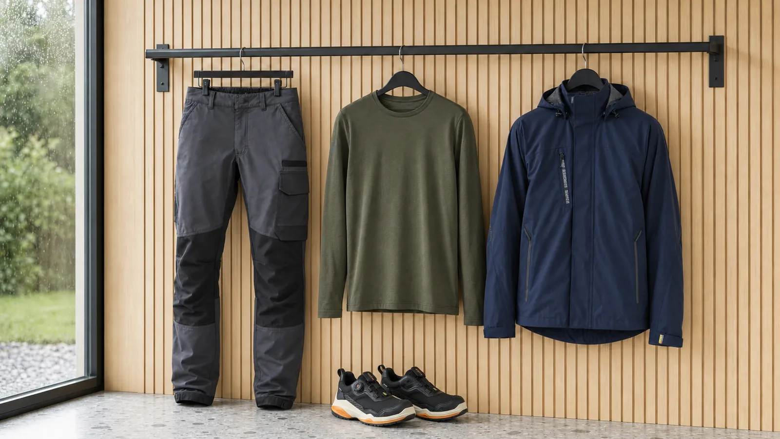 Herrenausstattung: Service Arbeitshose 4-Wege-Stretch 1422, Merino Langarmshirt 3538, Shell Jacke Stretch 4483, STRIKER Sicherheitsschuh S7S Wasserdicht 2488.