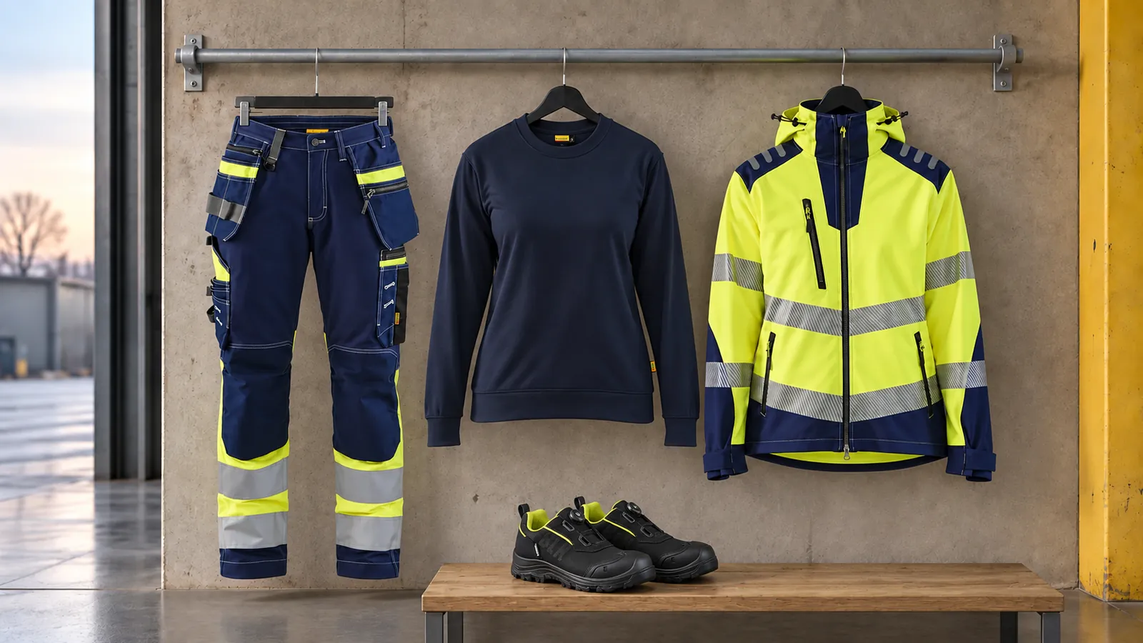 Damenausstattung: Damen High Vis Arbeitshose mit Stretch 7196, Damen Sweatshirt 3405, Damen High Vis Softshell Jacke 4791, STORM Sicherheitsschuh S7S Wasserdicht 2477.