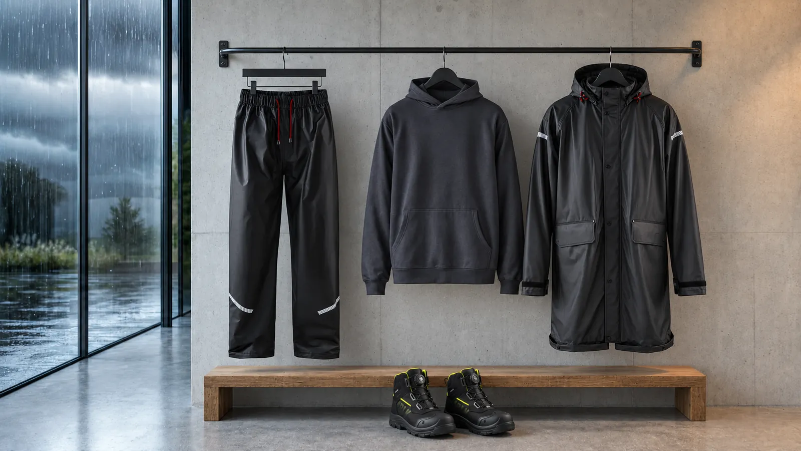 Herrenausstattung: Regenhose Level 1 1301, Kapuzenpullover 3586, Regenjacke Level 1 4301, STORM Sicherheitsstiefel S7S Wasserdicht 2478.