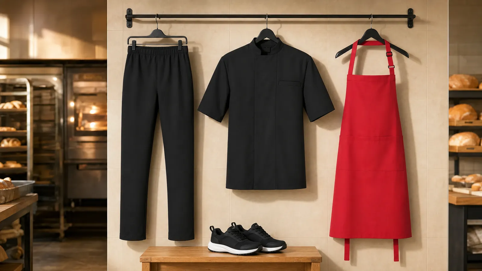 Herrenausstattung: Umweltfreundliche Unisex-Kochhose, Umweltfreundliche Unisex-Kochjacke mit kurzen Ärmeln, Latzschürze Basic mit Tasche und Schnalle, PILOT Herren Arbeitsschuh O1 2424.