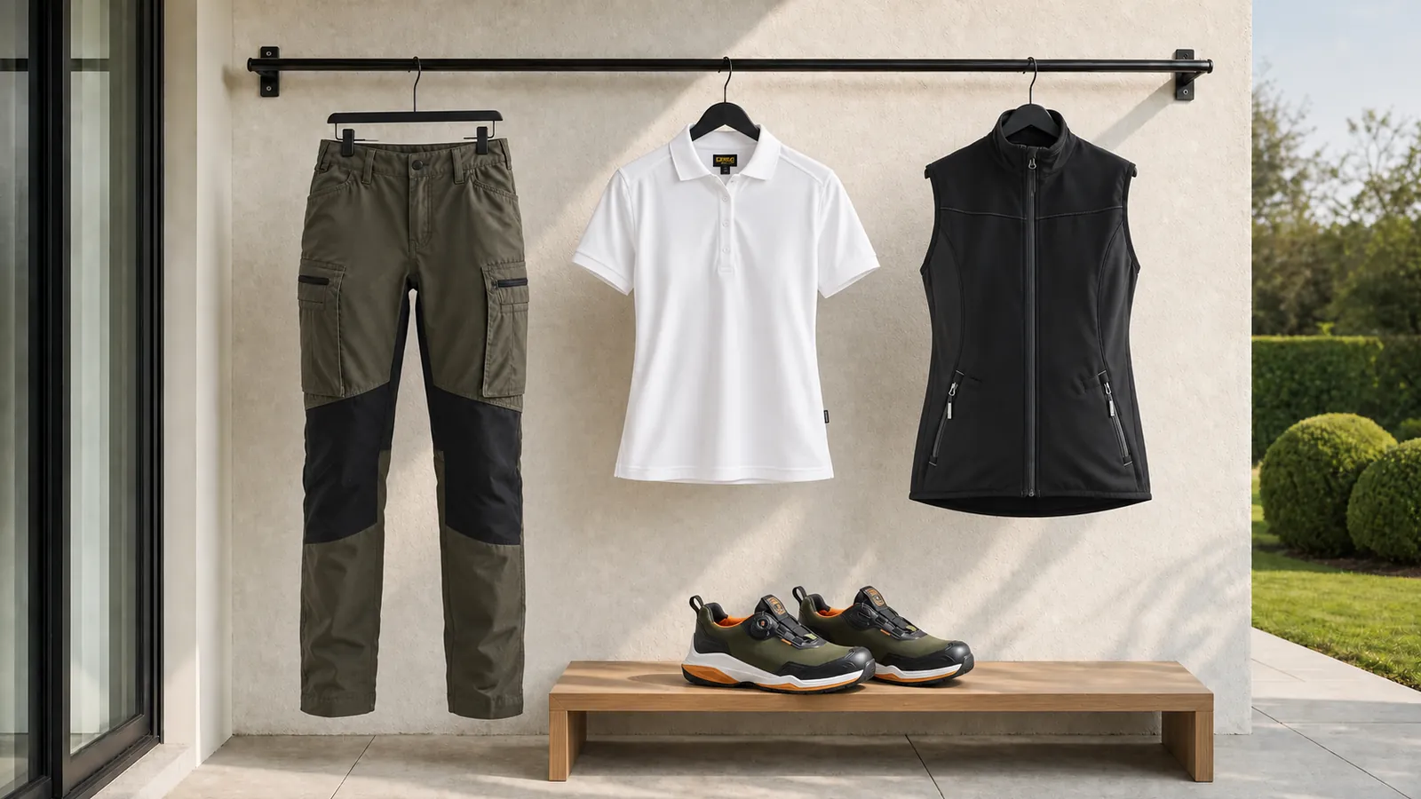 Damenausstattung: Damen Service Arbeitshose mit Stretch 7159, Damen Poloshirt 3390, Damen Softshell Weste 3851, STRIKER Sicherheitsschuh S3S 2486.