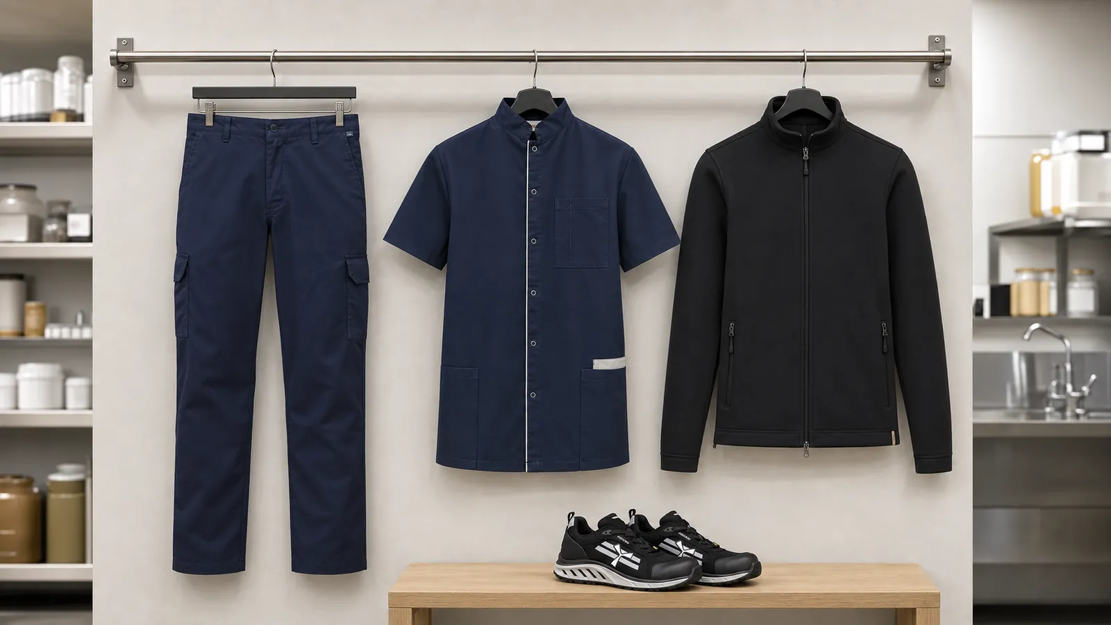 Herrenausstattung: Leichte Combat Bundhose, Herrenkittel aus Baumwollpolyester mit Druckknöpfen, Fleecejacke ECO, X-Mercury.