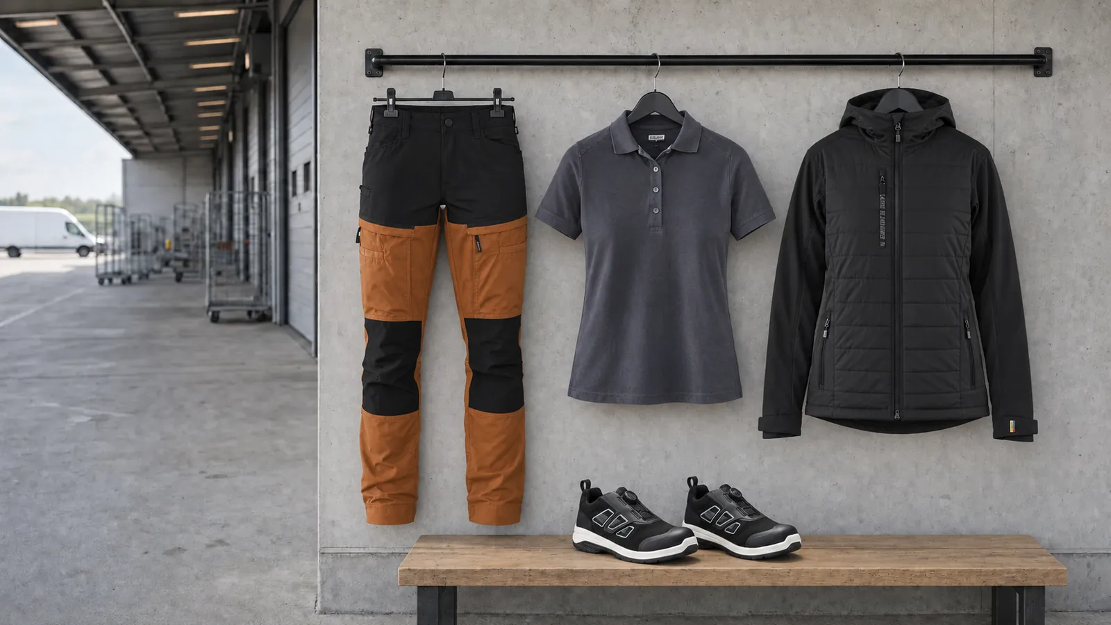 Damenausstattung: Damen Service Arbeitshose mit Stretch 7166, Damen Poloshirt 3390, Damen Hybrid Jacke 4733, Cradle Sicherheitsschuh S1PL 2440.