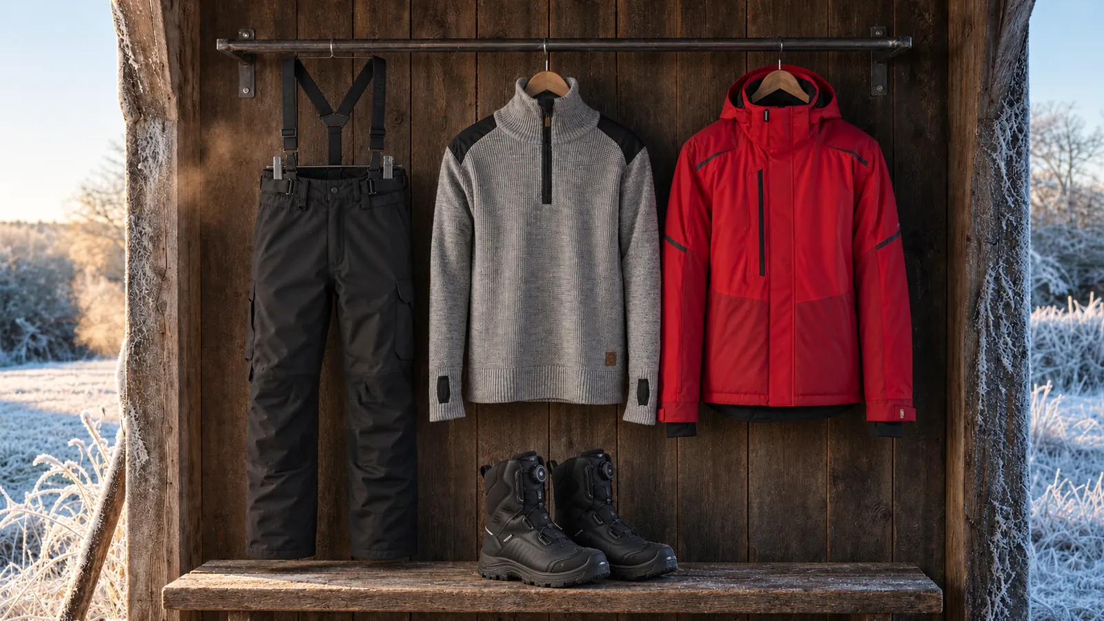 Herrenausstattung: Winterhose 1810, Wollsweater Half Zip 4630, Winterjacke 4881, STORM Winterstiefel S7S Wasserdicht 2493.
