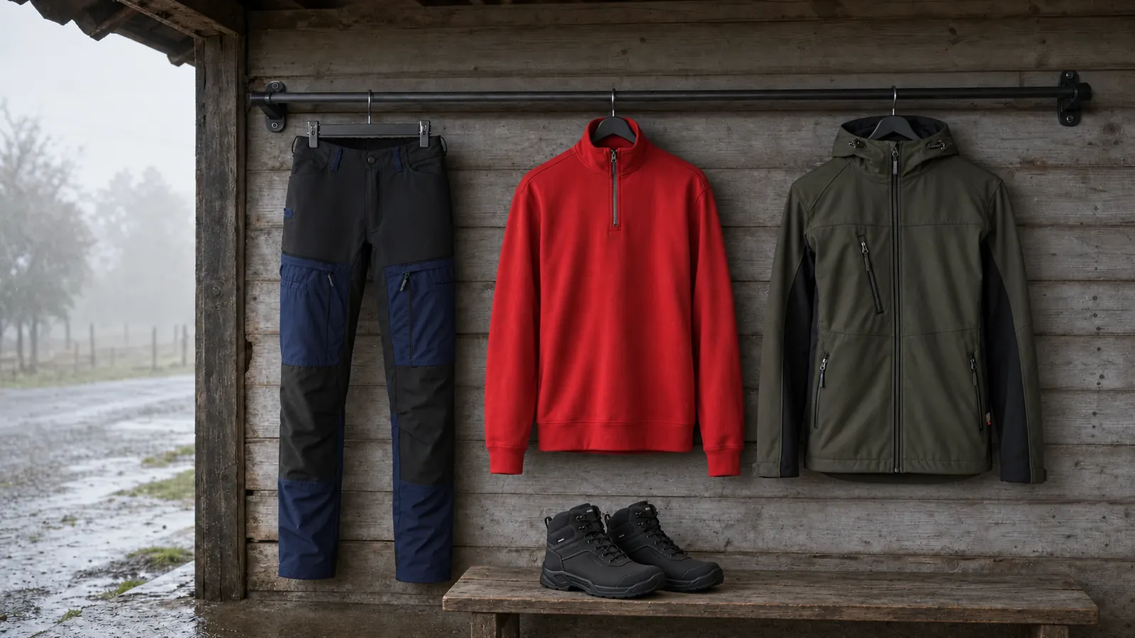 Herrenausstattung: Service Arbeitshose mit Stretch 1456, Sweatshirt Half-Zip 3369, Softshell Jacke 4753, TITAN Sicherheitsschuh S7L wasserdicht 2386.