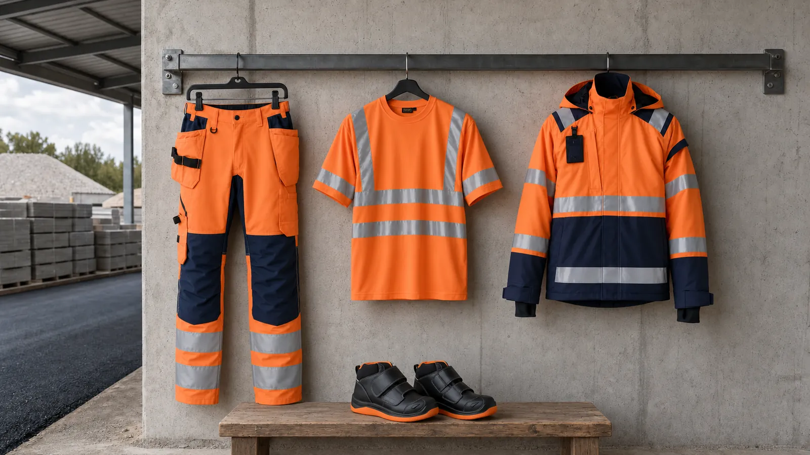 Herrenausstattung: High Vis Arbeitshose mit Stretch 1552, High Vis T-Shirt 3413, High Vis Shell Jacke 4987, ELITE Asphalt Sicherheitsstiefel S2PL 2459.