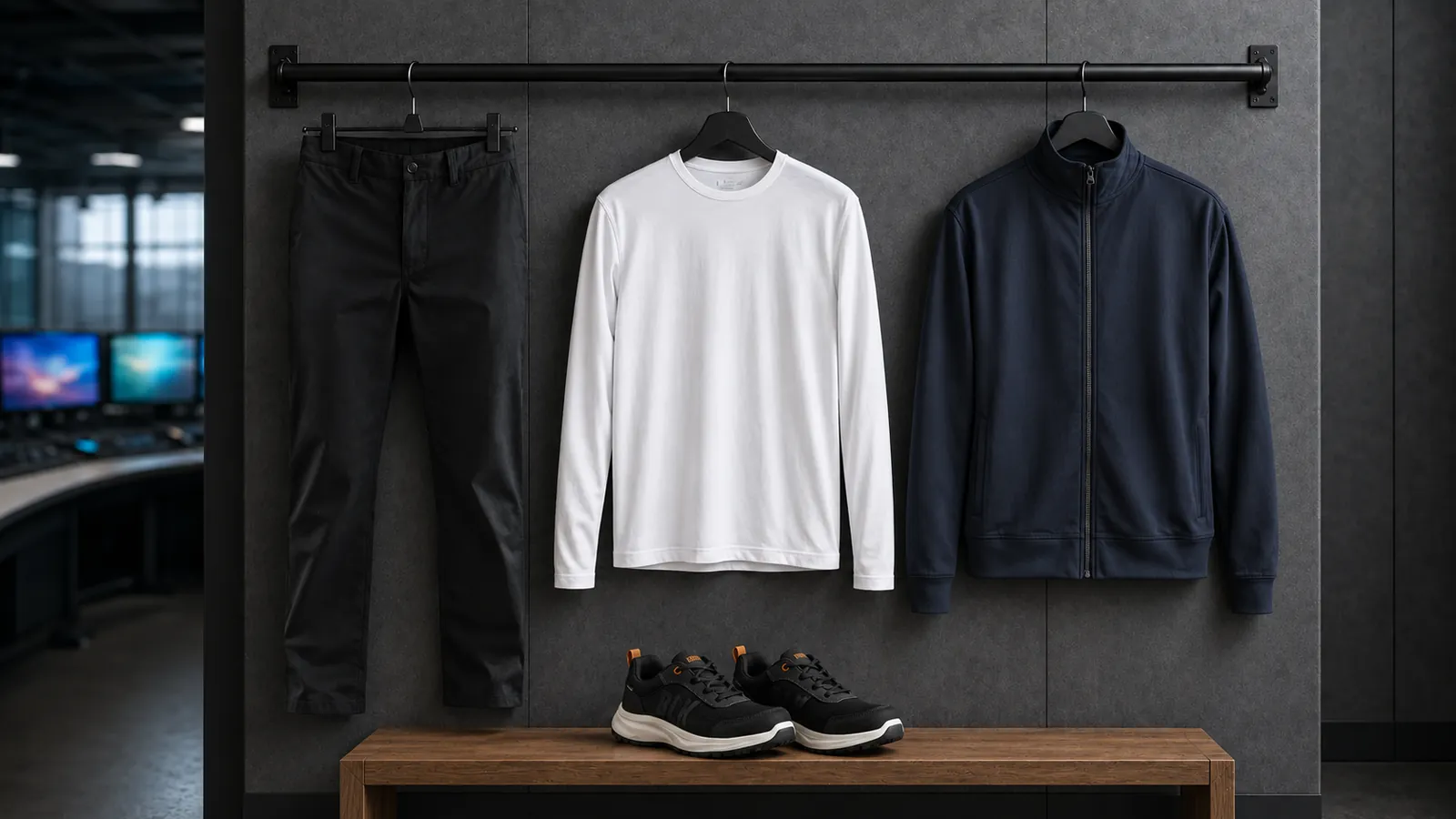 Herrenausstattung: Chinohose Stretch 1465, Langarmshirt 3500, Sweatjacke 3371, MOVER Sicherheitsschuh S1PL 2302.