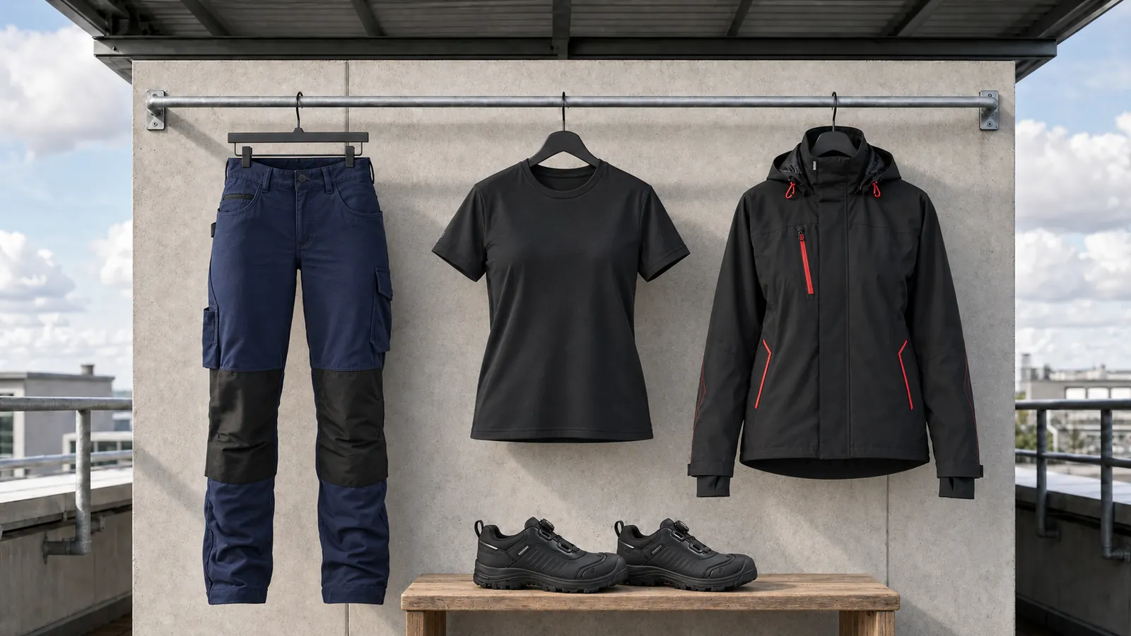 Damenausstattung: Damen Service Arbeitshose mit Stretch 7195, Damen UV Funktions T-Shirt 3426, Damen Shell Jacke Stretch 4403, STORM Sicherheitsschuh S7S Wasserdicht 2491.