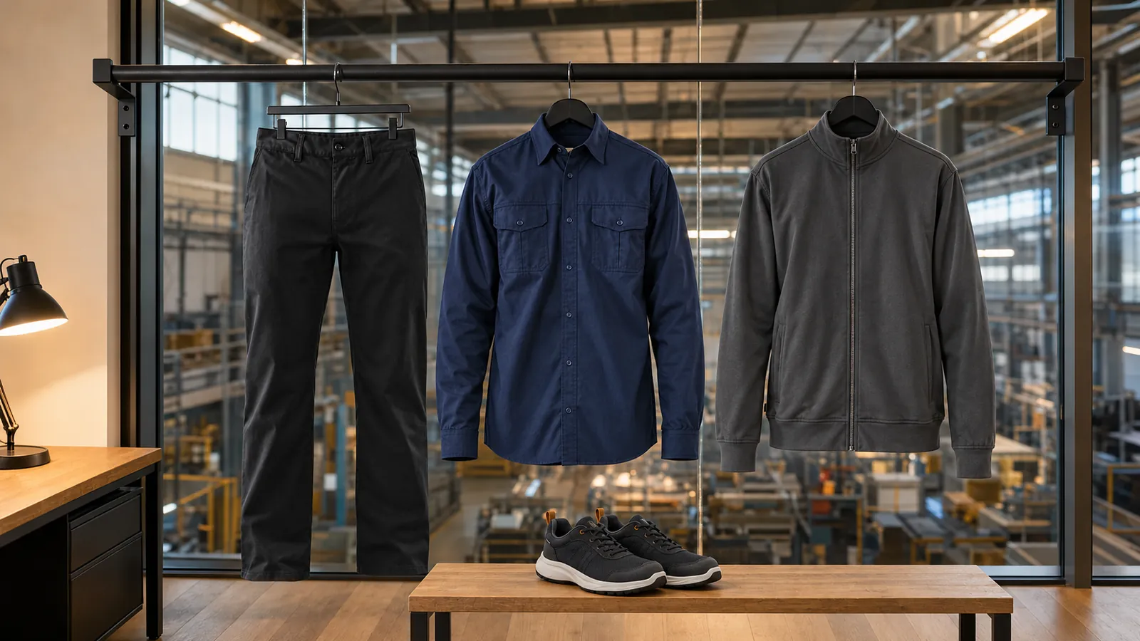 Herrenausstattung: Chinohose Stretch 1465, Twill Hemd 3298, Sweatjacke 3371, MOVER Sicherheitsschuh S1PL 2302.