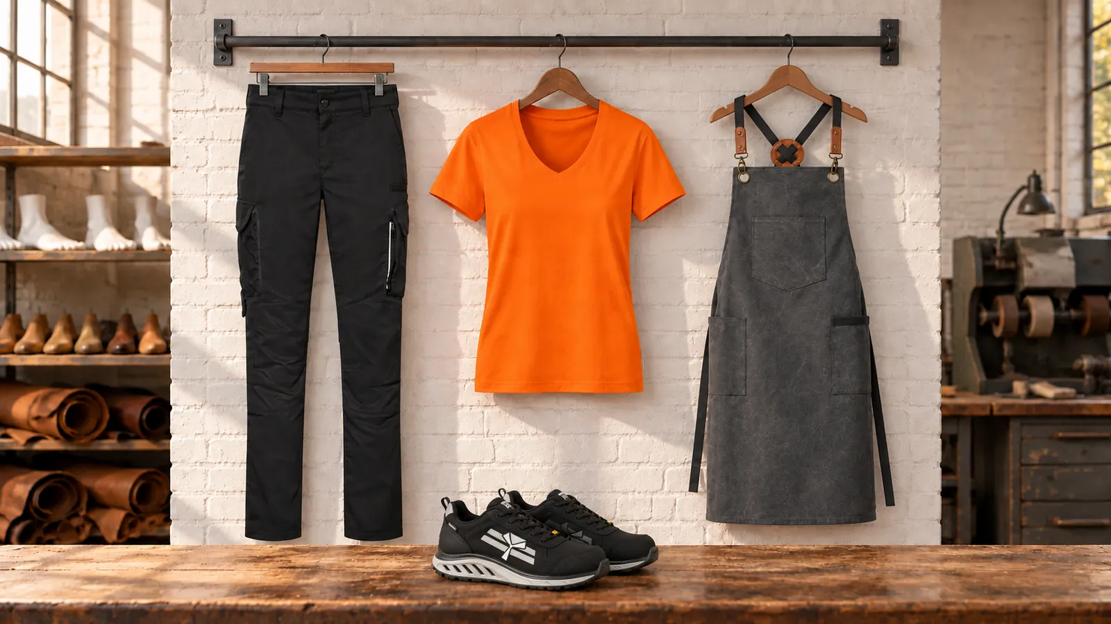 Damenausstattung: Damen Worker-Performancehose ECO, Damen V-Shirt MIKRALINAR®, Latzschürze Canvas, X-Moon.