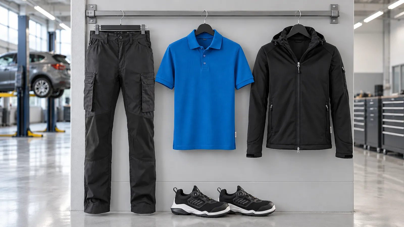 Herrenausstattung: Service Arbeitshose Stretch 1459, Poloshirt MIKRALINAR®, Softshelljacke, STRIKER Sicherheitsschuh S1PS 2487.