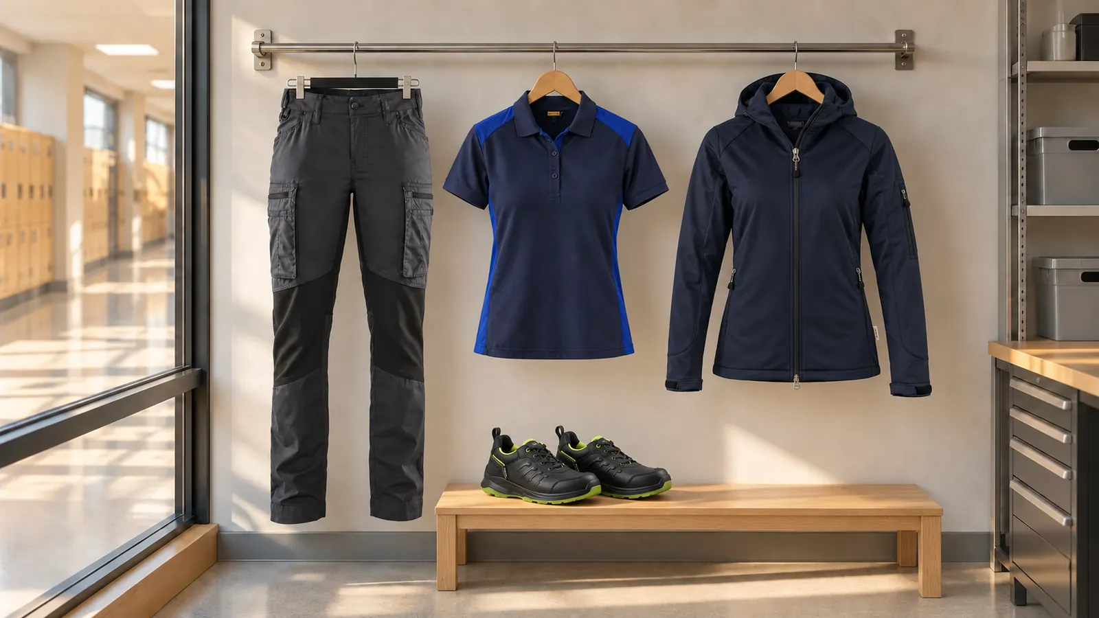 Damenausstattung: Damen Service Arbeitshose mit Stretch 7159, Damen Poloshirt 3390, Damen Softshelljacke, SPRINTER Sicherheitsschuh S3S 2412.